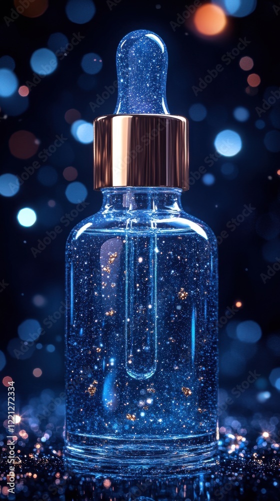 Sparkling Dropper Bottle with Glimmering Liquid on Dark Background Sparkling Dropper Bottle with Glimmering Liquid on Dark Background