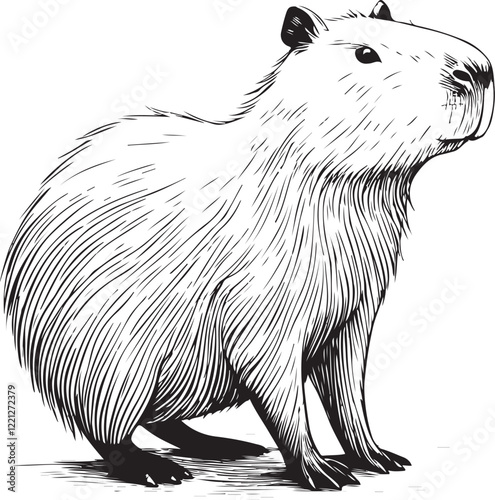 Capybara Animal Sketch Drawing Engraving Hand Drawn Linear Line Black and White Vector Illustration Isolated on White