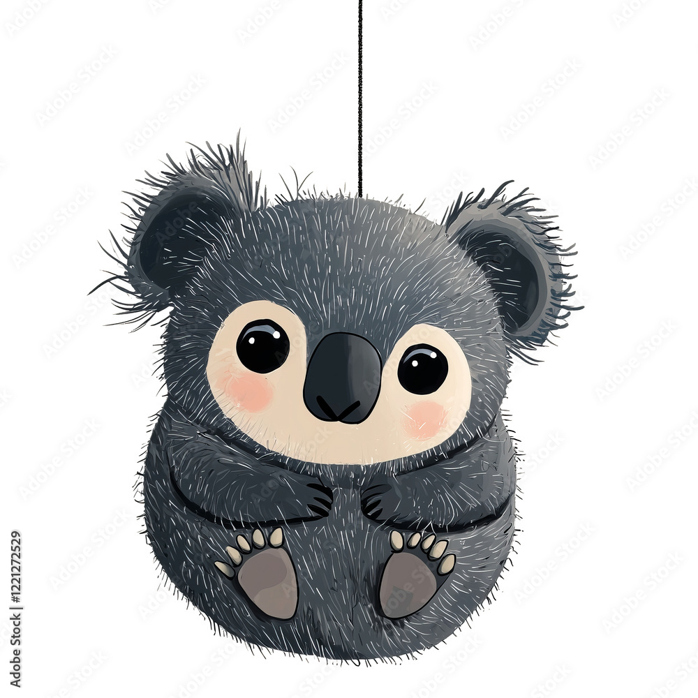 Christmas tree ornament of a cute animal isolated on a transparent background. Watercolor-style illustration of a round koala hanging by a string. Christmas theme.