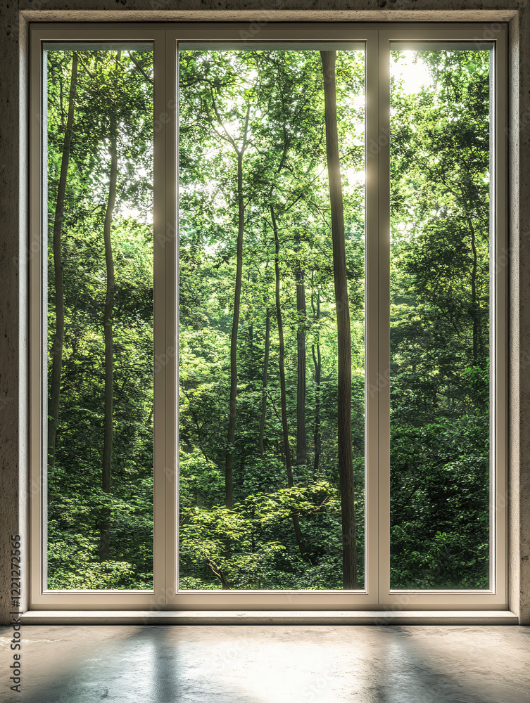 Fototapeta premium Scenic modern window view lush greenery,bright sunlight forest trees,serene garden vibes,interiors nature peaceful aesthetic design,sun,open,fresh,pane,eco-friendly,vibes,space,inside,clarity,retreat