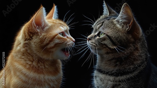 Two tabby cats are playfully interacting on a black background.