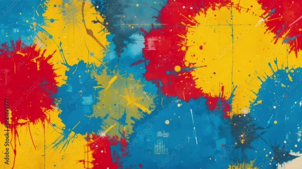 Colorful paint splatters create a lively and dynamic background design, featuring bold primary colors like red, blue, and yellow, infusing any project with artistic energy and expression.