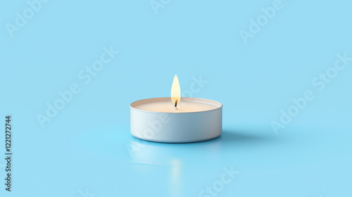 burning candle isolated on blue background , tea light candle