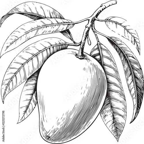 Mango Fruit Tropical Exotic Sketch Drawing Engraving Hand Drawn Linear Line Black and White Vector Illustration Isolated on White