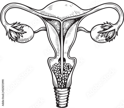 Female Reproductive System Uterus Ovaries Gynecology Sketch Drawing Engraving Hand Drawn Linear Line Black and White Vector Illustration Isolated on White