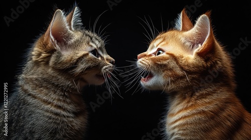 Two tabby cats are playfully interacting on a black background.