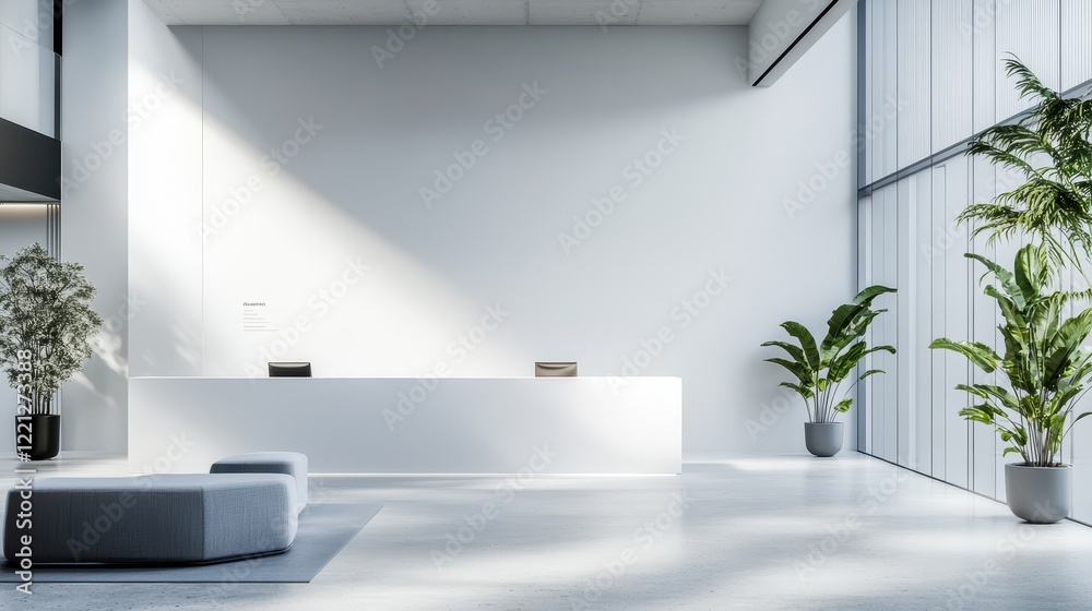 Fototapeta premium The office lobby features a clean, modern design with a white wall that provides a bright and uncluttered backdrop.