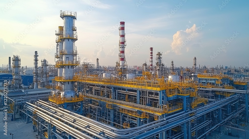 An aerial view of steel pipelines running through an industrial site, with the open sky above, emphasizing the connection between manufacturing processes and the vastness of the environment