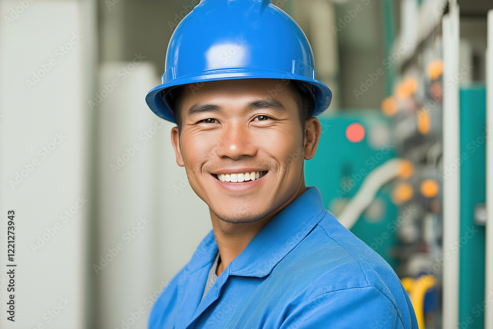 Smiling worker in blue uniform and helmet at industrial site during daytime Smiling worker in blue uniform and helmet at industrial site during daytime