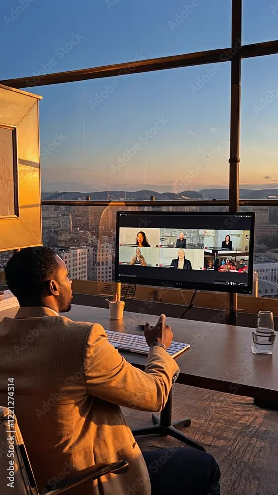 African businessman on video conference in office with view of city and mountains