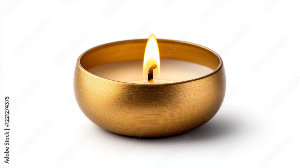 burning golden candle isolated on white background , tea light candle burning golden candle isolated on white background , tea light candle