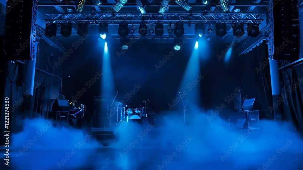 Dynamic stage lights transform empty venue into vibrant concert atmosphere with fog effects