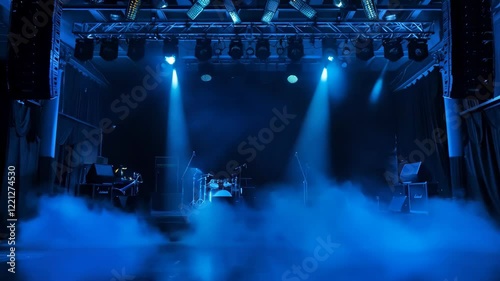 Dynamic stage lights transform empty venue into vibrant concert atmosphere with fog effects