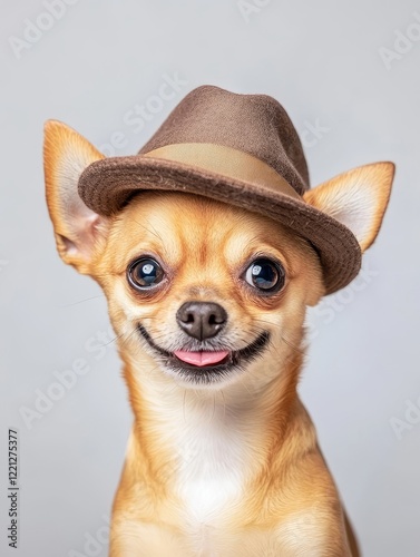 Happy Chihuahua in a Hat - Adorable chihuahua puppy wearing a brown fedora, smiling happily.  Perfect for pet, animal, or fashion related projects. photo