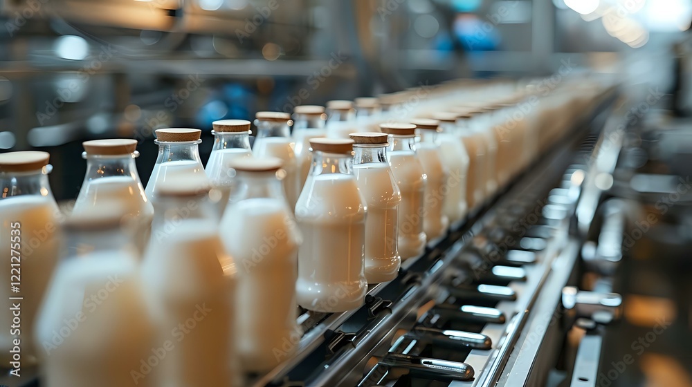 Obraz premium Glass milk bottles with wooden caps moving on industrial conveyor belt in modern dairy production facility. Perfect for food industry, manufacturing and quality control concepts.