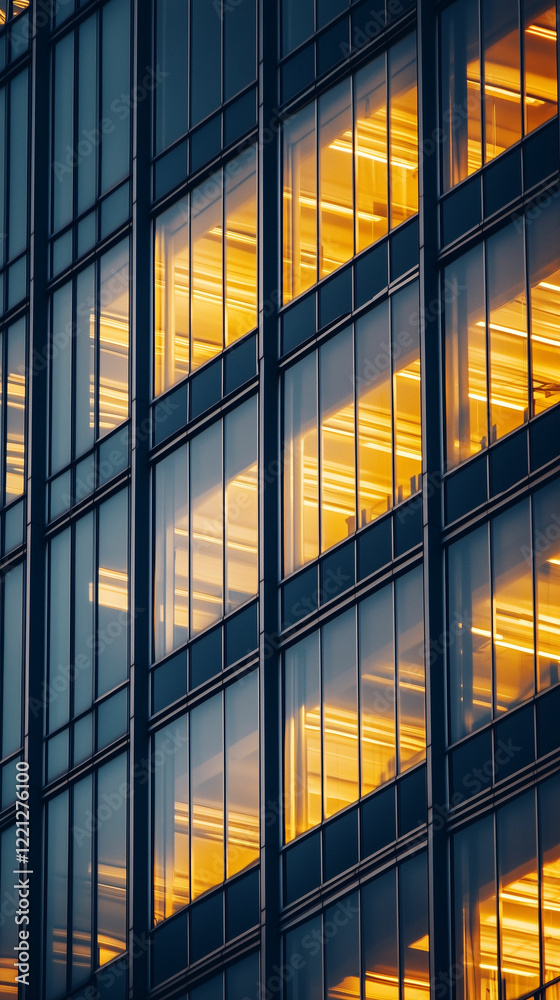 Evening glow from office building windows reflecting urban life and architecture Evening glow from office building windows reflecting urban life and architecture