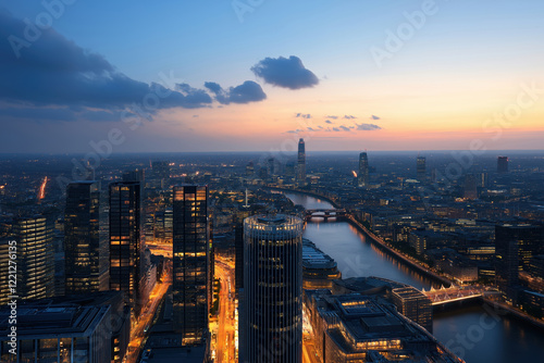 Evening skyline view of a bustling city with rivers and lights just after sunset