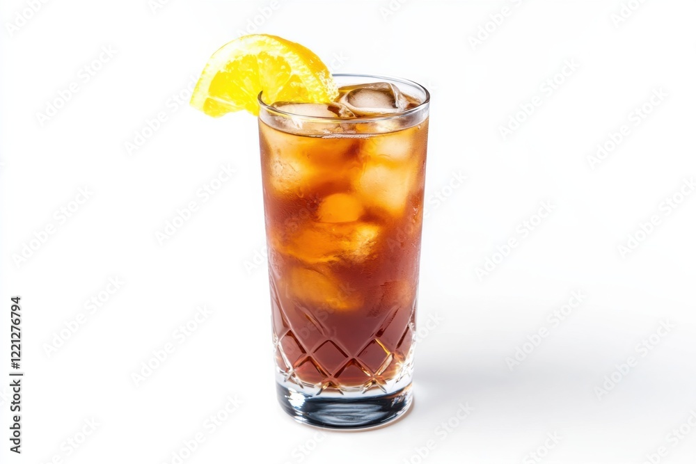 Refreshing beverage served in a tall glass with ice and citrus on a pristine white backdrop for creative design use Refreshing beverage served in a tall glass with ice and citrus on a pristine white backdrop for creative design use