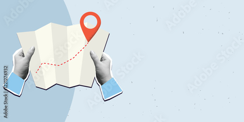 Hands holds a map with a way and a red pin mark. Target or destination concept, place for text. Modern photo collage style. Vector illustration