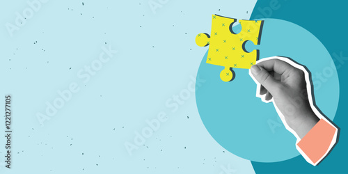 A hand holds a piece of a puzzle, place for text. Modern photo collage style. Vector illustration