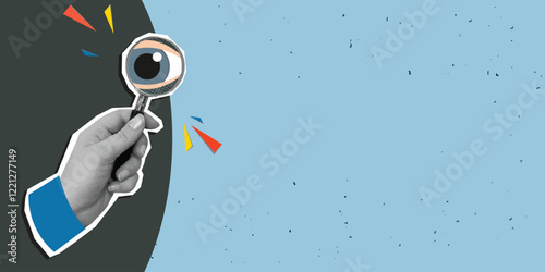 A hand holds a magnifying glass with big eye in it, place for text. Modern photo collage style. Vector illustration