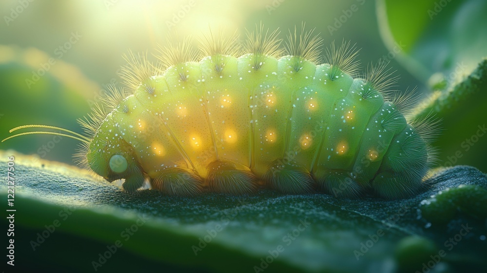 Naklejka premium A close-up of a caterpillar on a branch of a tree, with soft sunlight filtering through the leaves, capturing the insectâ€™s natural environment in a moment of stillness and growth