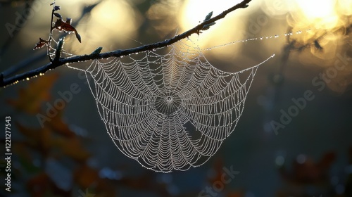 A macro shot of a dew-covered spider web on a tree branch, with sharp focus on the delicate, glistening strands, showcasing the intricate texture of the web and the surrounding foliage