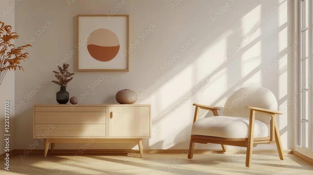 Fototapeta premium A beige home living room featuring a drawer and art decorations, with mockup frames on the wall providing a customizable display space for personal or artistic elements.