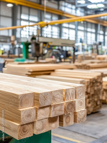 Lumber Mill: Stacked Square Timber - Close-up of neatly stacked square timber in a lumber mill setting.  Background shows industrial factory. photo