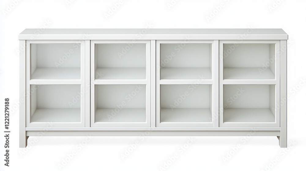 White media console, studio shot, empty shelves, clean background, home decor White media console, studio shot, empty shelves, clean background, home decor