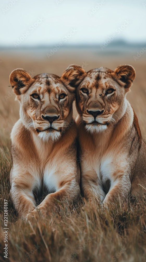 Two lions resting together in the savanna during twilight hours Two lions resting together in the savanna during twilight hours