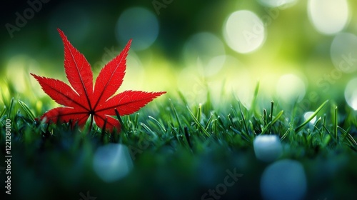 A close-up of a vibrant red maple leaf with textured edges, contrasted against a blurred, soft background of green grass, capturing the beauty of natureâ€™s intricate details