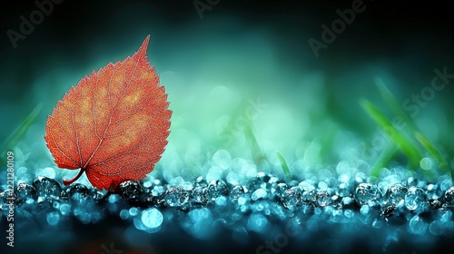 A close-up of a vibrant red maple leaf with textured edges, contrasted against a blurred, soft background of green grass, capturing the beauty of natureâ€™s intricate details