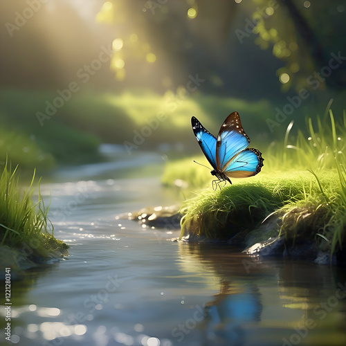 Dreamy butterfly on the river, surrounded by lush green grass in the morning.