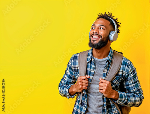joven negro con hedphones, sonriendo, con su mochila de escuela sobre un fondo amarillo