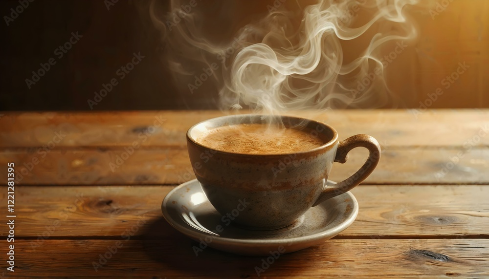 Steaming cup of coffee on wooden surface with heart-shaped steam Steaming cup of coffee on wooden surface with heart-shaped steam