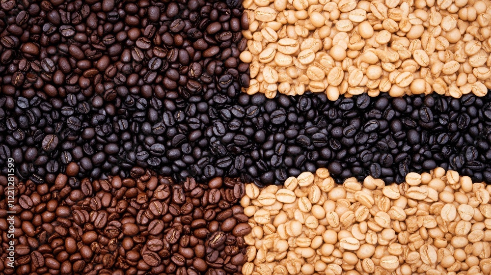 Fototapeta premium Close-up of assorted coffee beans arranged in contrasting colors on a textured background