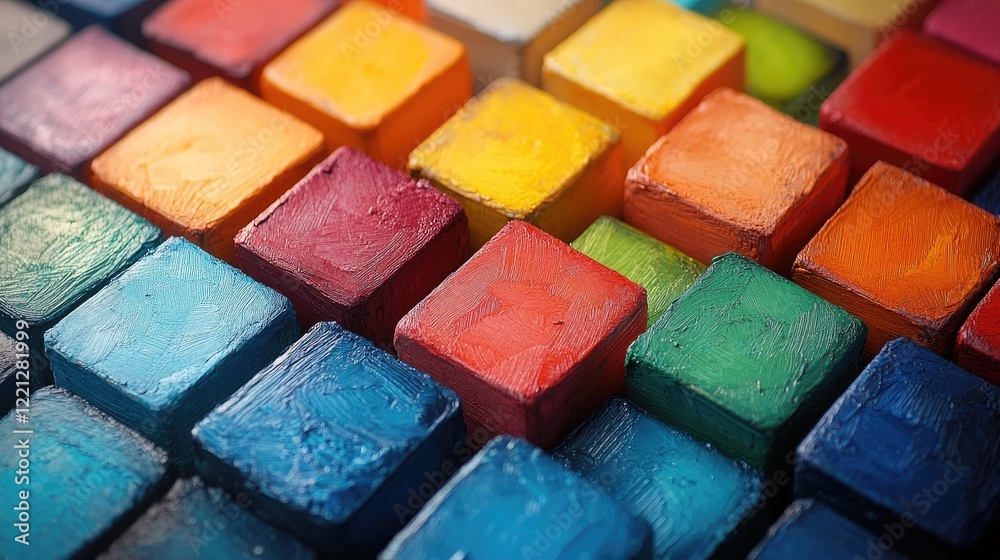 A colorful arrangement of geometric wooden blocks stacked in a zigzag pattern, A colorful arrangement of geometric wooden blocks stacked in a zigzag pattern,