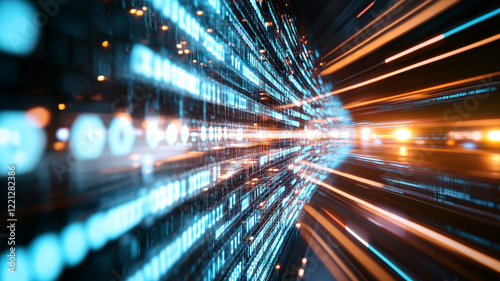 Abstract Digital Data Streams Glowing Binary Code and Dynamic Light Streaks