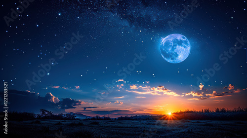 Bright full moon in clear night sky, surrounded by stars and clouds, with sunset on horizon creating serene atmosphere