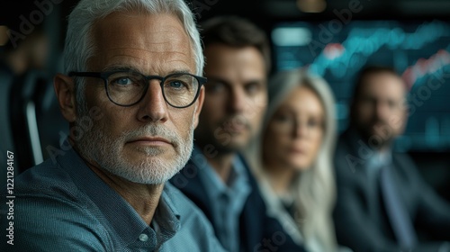 A team working together in front of a large screen with shifting business strategies, illustrating a mindset of adaptability and innovation to keep up with evolving market trends photo