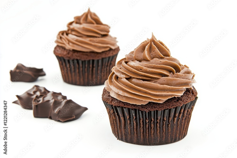 Indulge in the rich decadence of chocolate cupcakes with smooth frosting on a pristine white background Indulge in the rich decadence of chocolate cupcakes with smooth frosting on a pristine white background