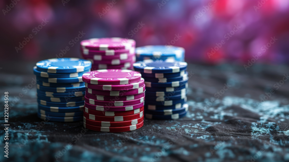 Colorful poker chips stacked on dark surface, creating vibrant casino atmosphere. arrangement showcases various colors, enhancing excitement of gaming Colorful poker chips stacked on dark surface, creating vibrant casino atmosphere. arrangement showcases various colors, enhancing excitement of gaming
