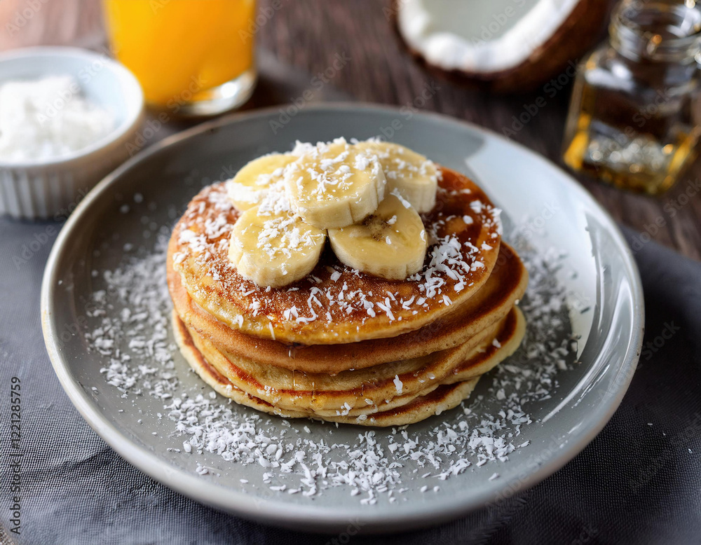 A stack of golden pancakes topped with sliced bananas, shredded coconut, and maple syrup is served on a gray plate. A stack of golden pancakes topped with sliced bananas, shredded coconut, and maple syrup is served on a gray plate.