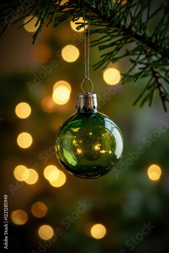 Green christmas ornament hanging on a christmas tree with bokeh lights