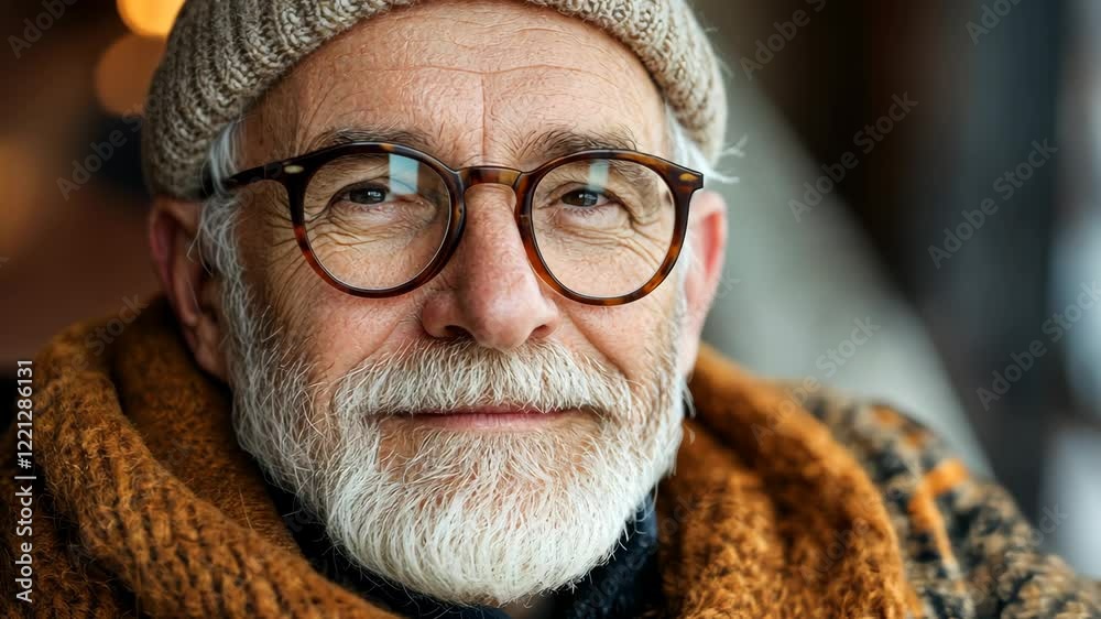Man with glasses and a white hat is smiling. He is wearing a scarf and a jacket
