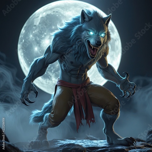 A werewolf revealed under the silver glow of the full moon photo