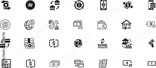 Money transfer icon set, banking, payment, money, transfer, finance, dollar, financial, bank, cash, transaction, currency, online, investment, business, technology, digital, economy, internet, exchang