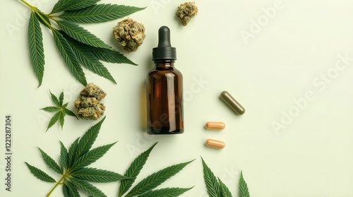 High-resolution overhead photograph  Cannabis products including a small brown glass bottle with a dropper, several green buds and capsules,  photo