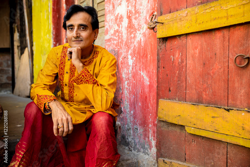 An indian man wearing an indian traditional bengali red dhoti and orange kurta posing outdoor fr a shoot in the streets of kolkata
